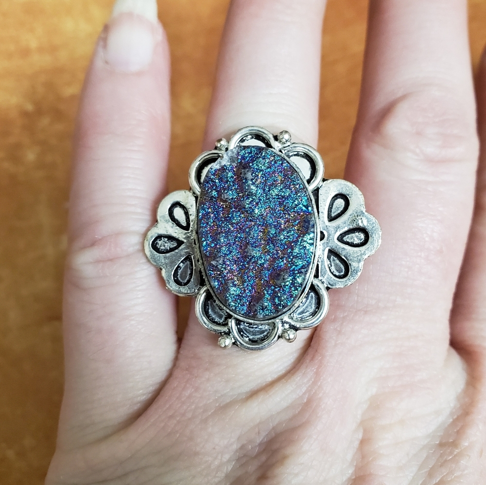 New Titanium Druzy Agate 925 Silver Ring.
